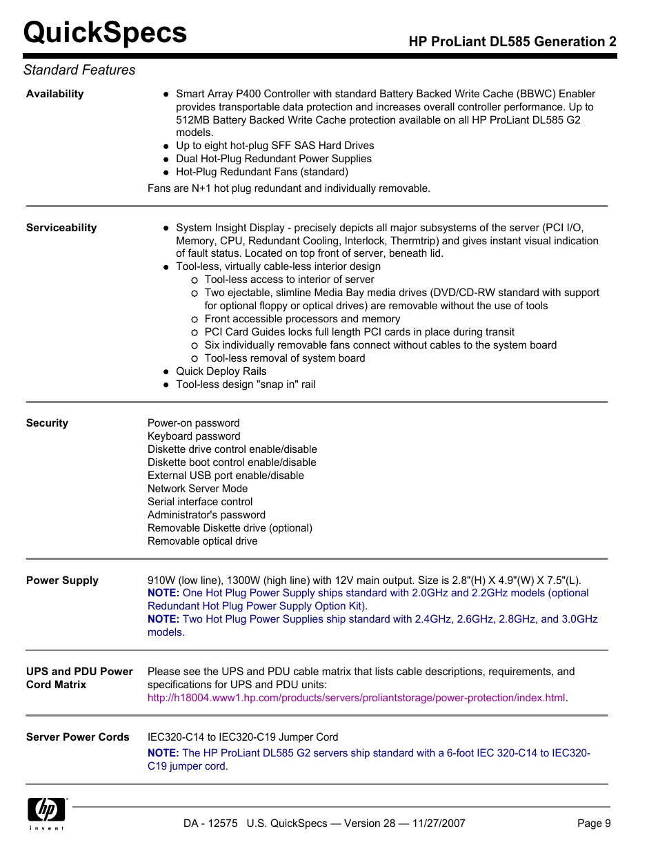Quickspecs, Hp proliant dl585 generation 2 standard features | HP DL585 User Manual | Page 9 / 45
