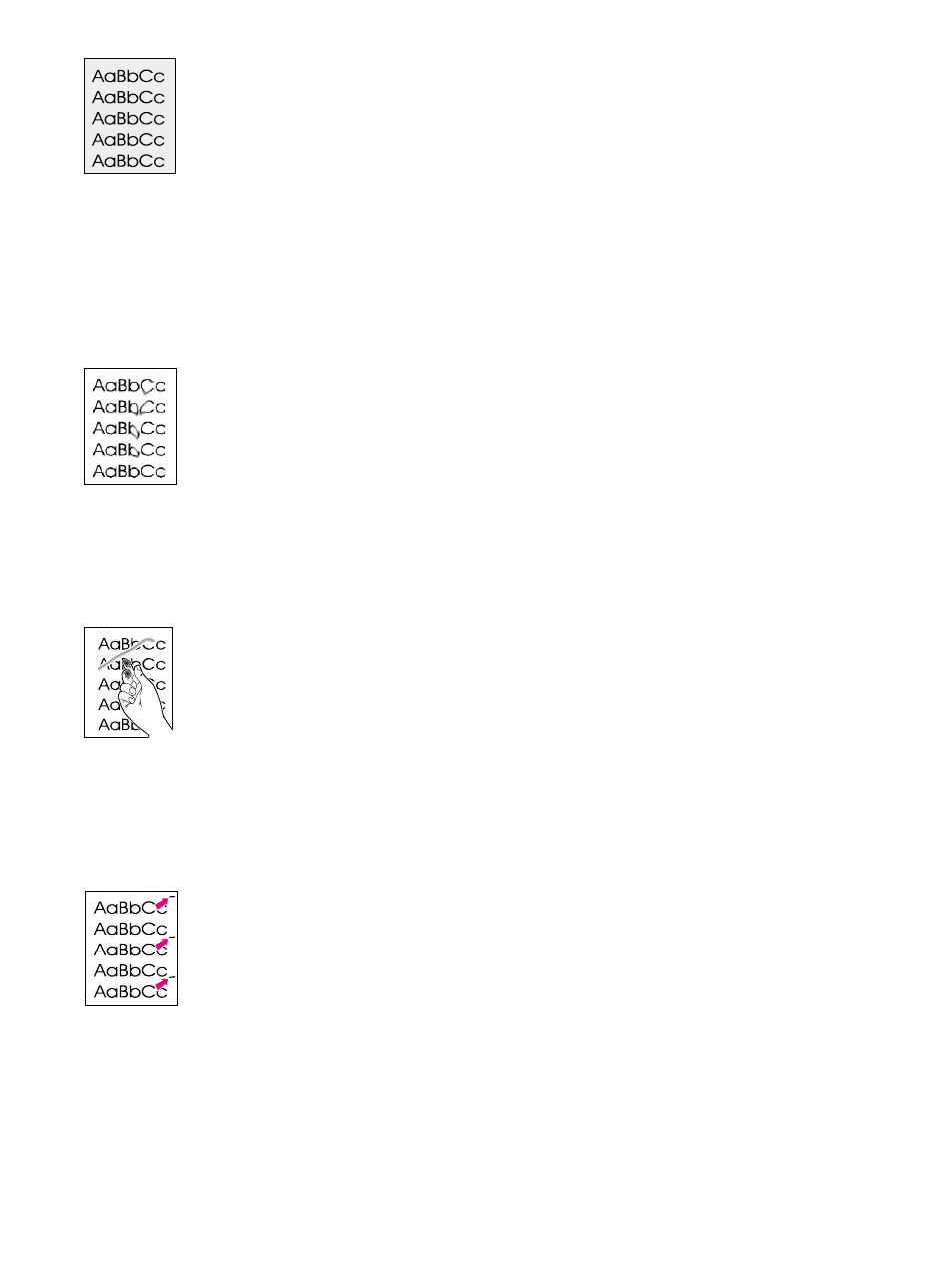 Gray background, Toner smear, Loose toner | Repetitive defects on the front | HP 1500 Series User Manual | Page 76 / 130