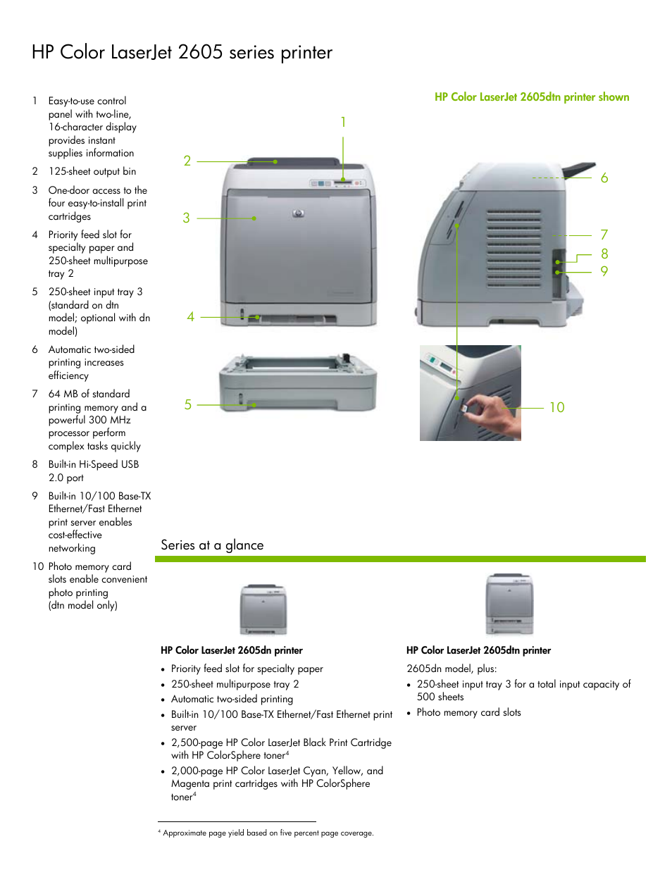 Hp color laserjet 2605 series printer, Series at a glance | HP 2605 Series User Manual | Page 2 / 4