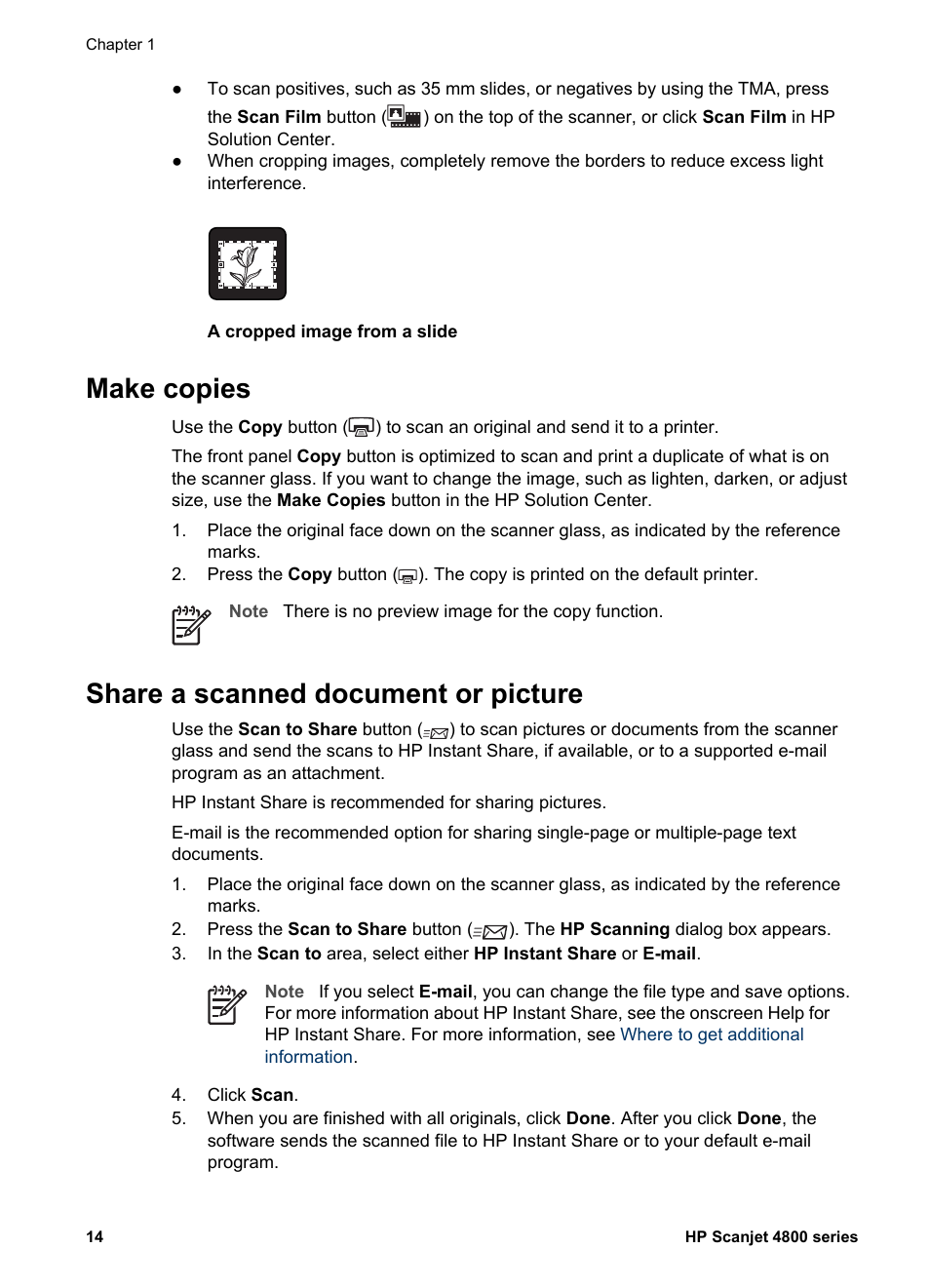 Make copies, Share a scanned document or picture, Make copies share a scanned document or picture | HP 4800 Series User Manual | Page 17 / 27