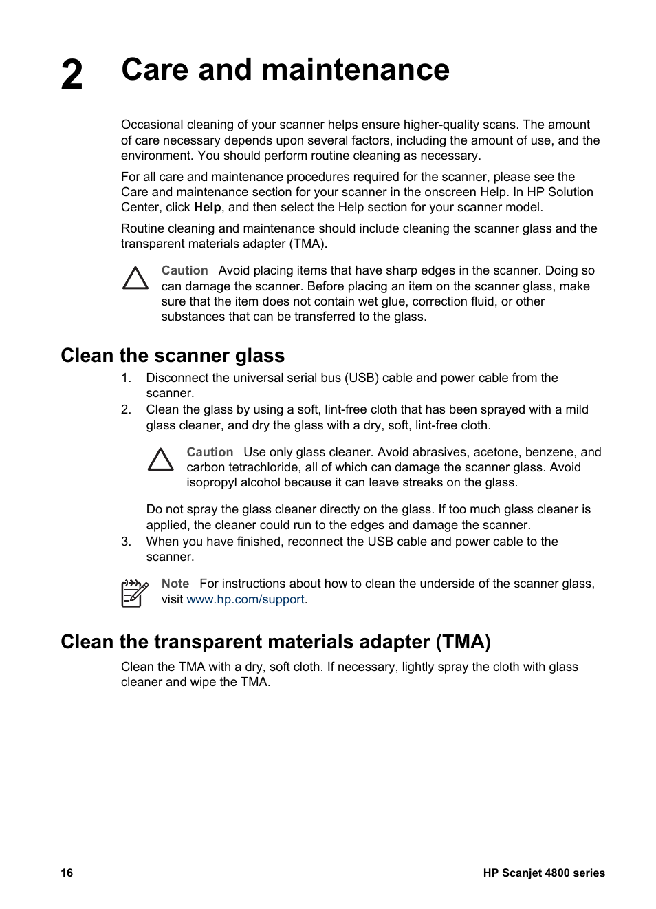 Care and maintenance, Clean the scanner glass, Clean the transparent materials adapter (tma) | HP 4800 Series User Manual | Page 19 / 27