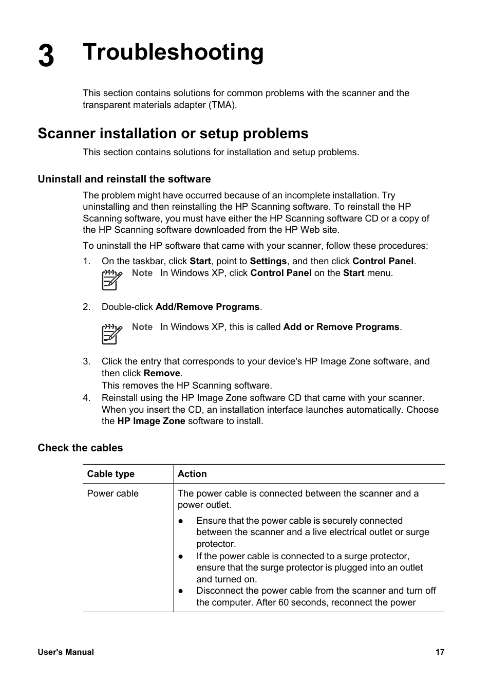 Troubleshooting, Scanner installation or setup problems, Uninstall and reinstall the software | Check the cables | HP 4800 Series User Manual | Page 20 / 27