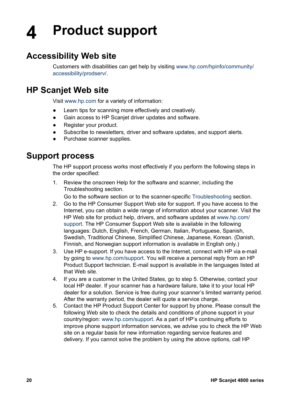 Product support, Accessibility web site, Hp scanjet web site | Support process | HP 4800 Series User Manual | Page 23 / 27