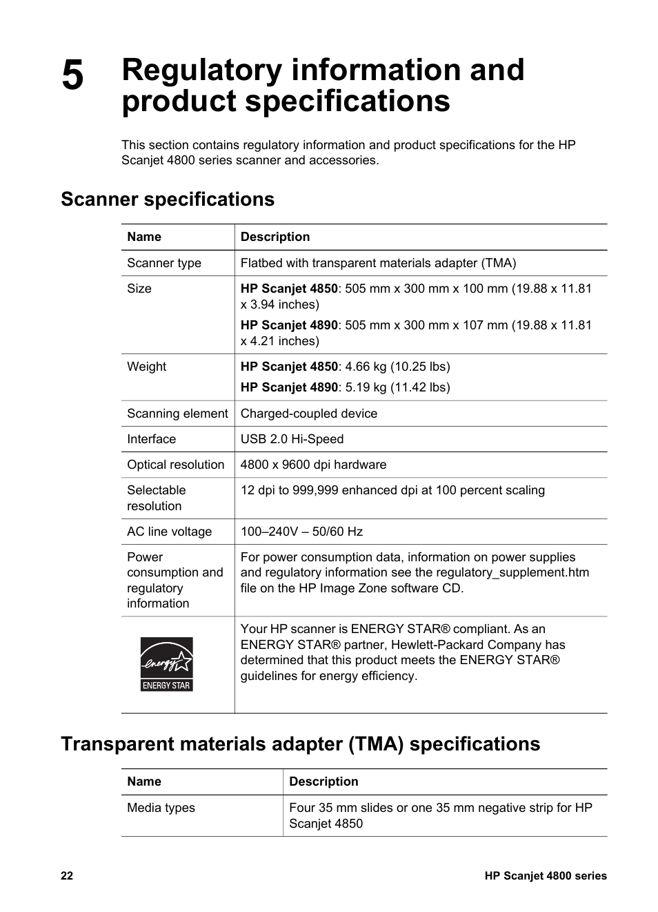 Regulatory information and product specifications, Scanner specifications, Transparent materials adapter (tma) specifications | HP 4800 Series User Manual | Page 25 / 27