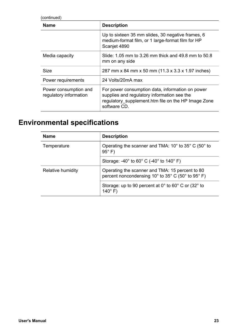 Environmental specifications | HP 4800 Series User Manual | Page 26 / 27