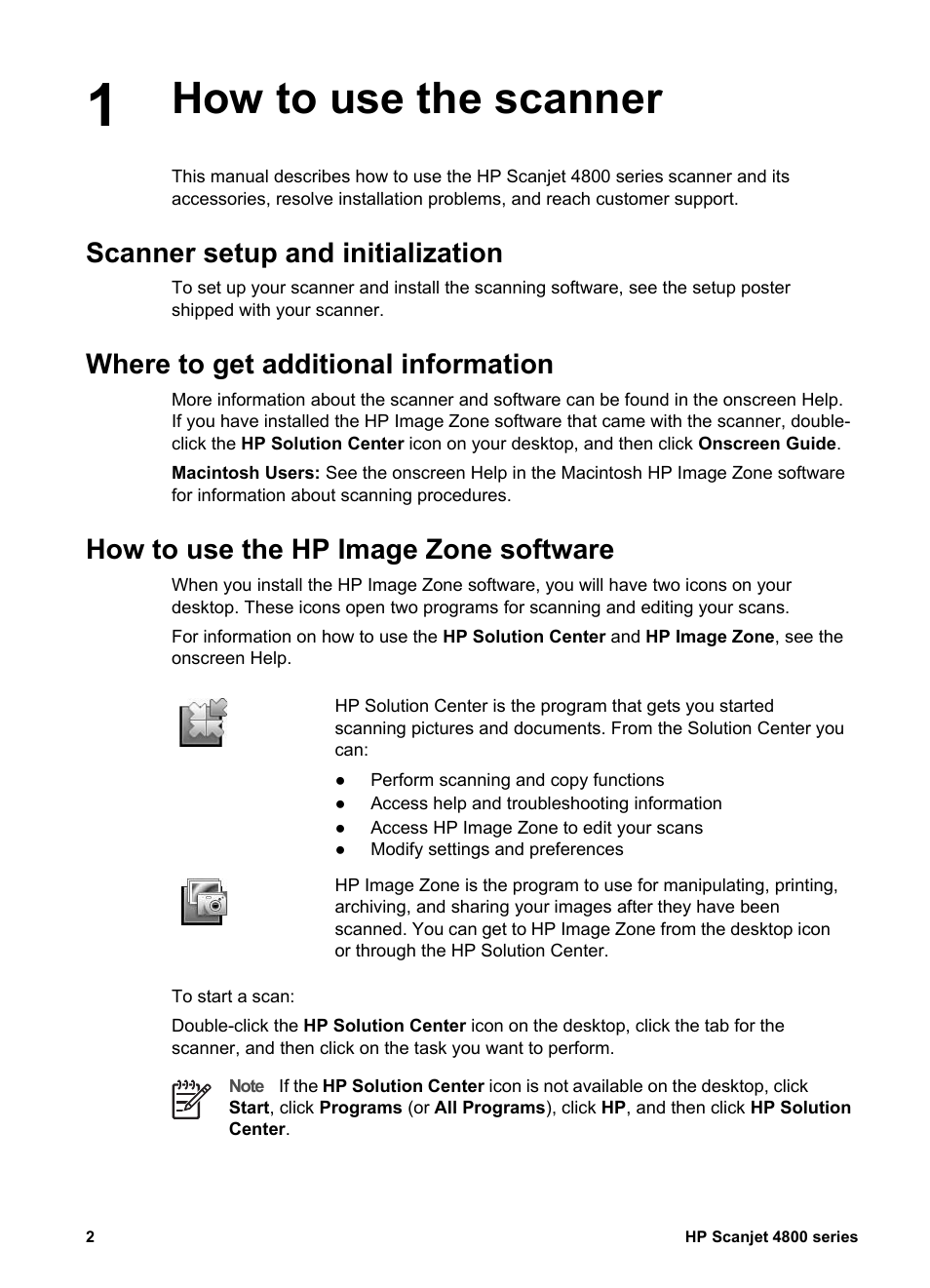 How to use the scanner, Scanner setup and initialization, Where to get additional information | How to use the hp image zone software | HP 4800 Series User Manual | Page 5 / 27