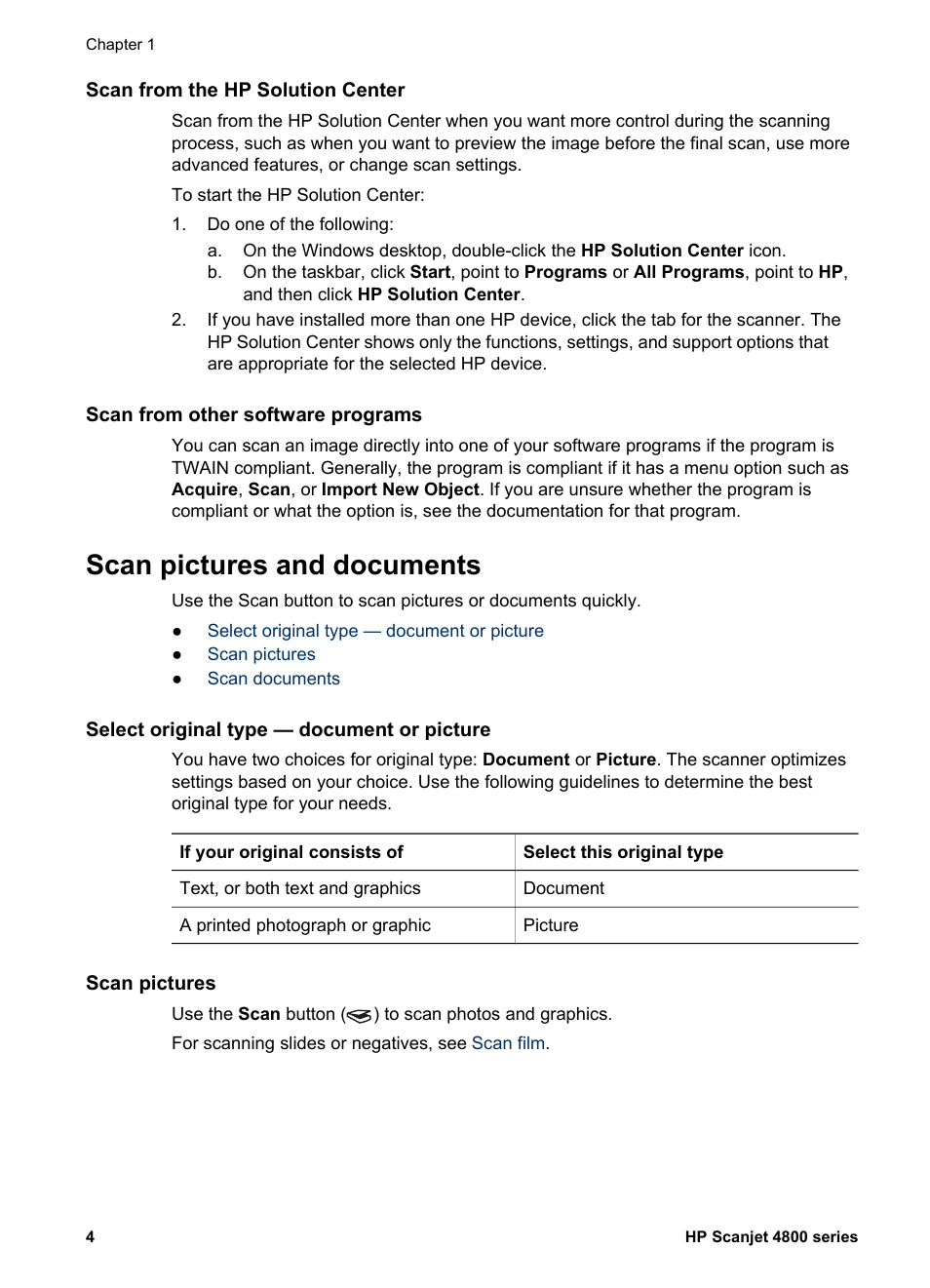 Scan from the hp solution center, Scan from other software programs, Scan pictures and documents | Select original type — document or picture, Scan pictures | HP 4800 Series User Manual | Page 7 / 27