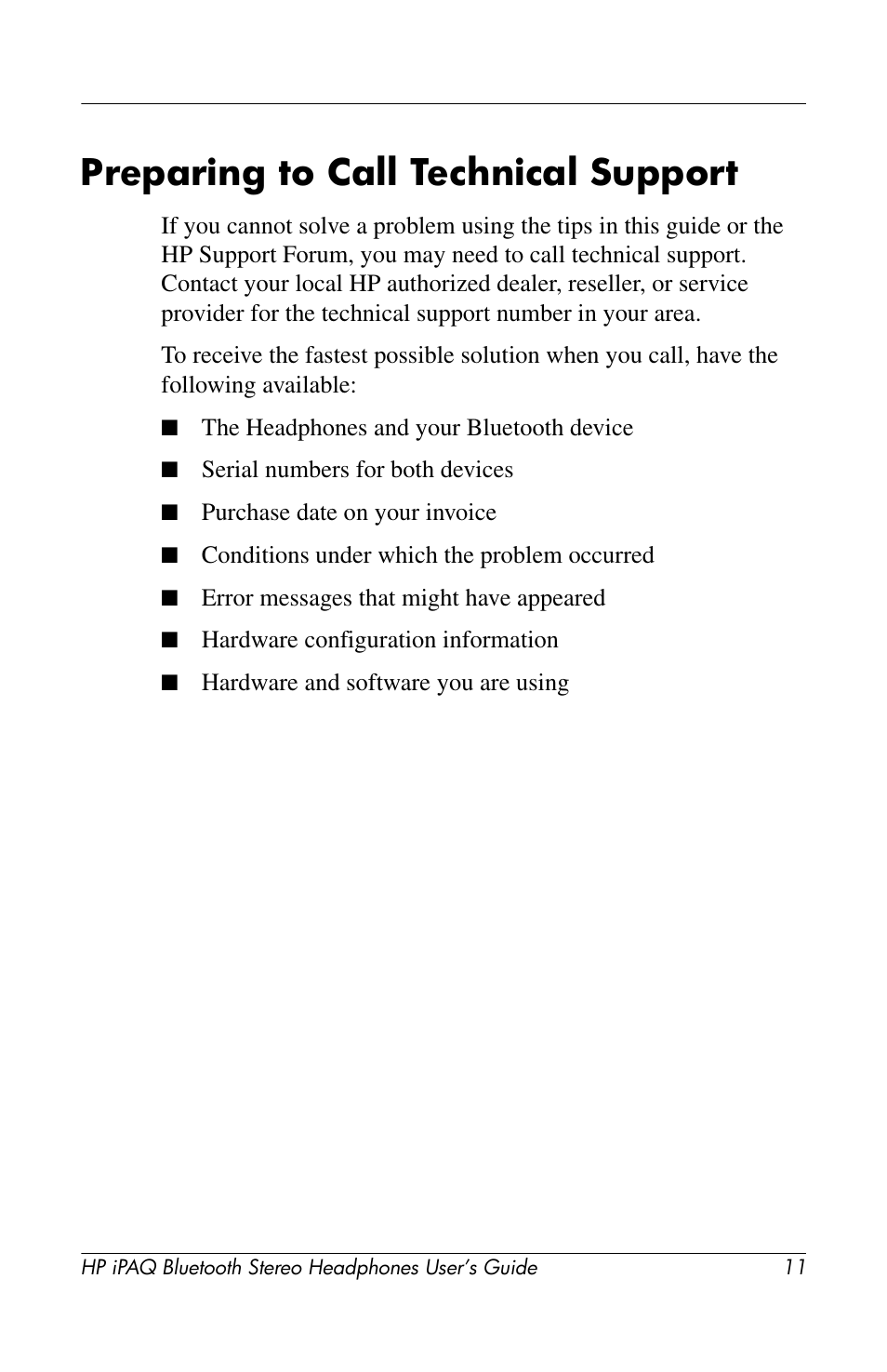 Preparing to call technical support | HP Bluetooth Stereo Headphones User Manual | Page 11 / 16