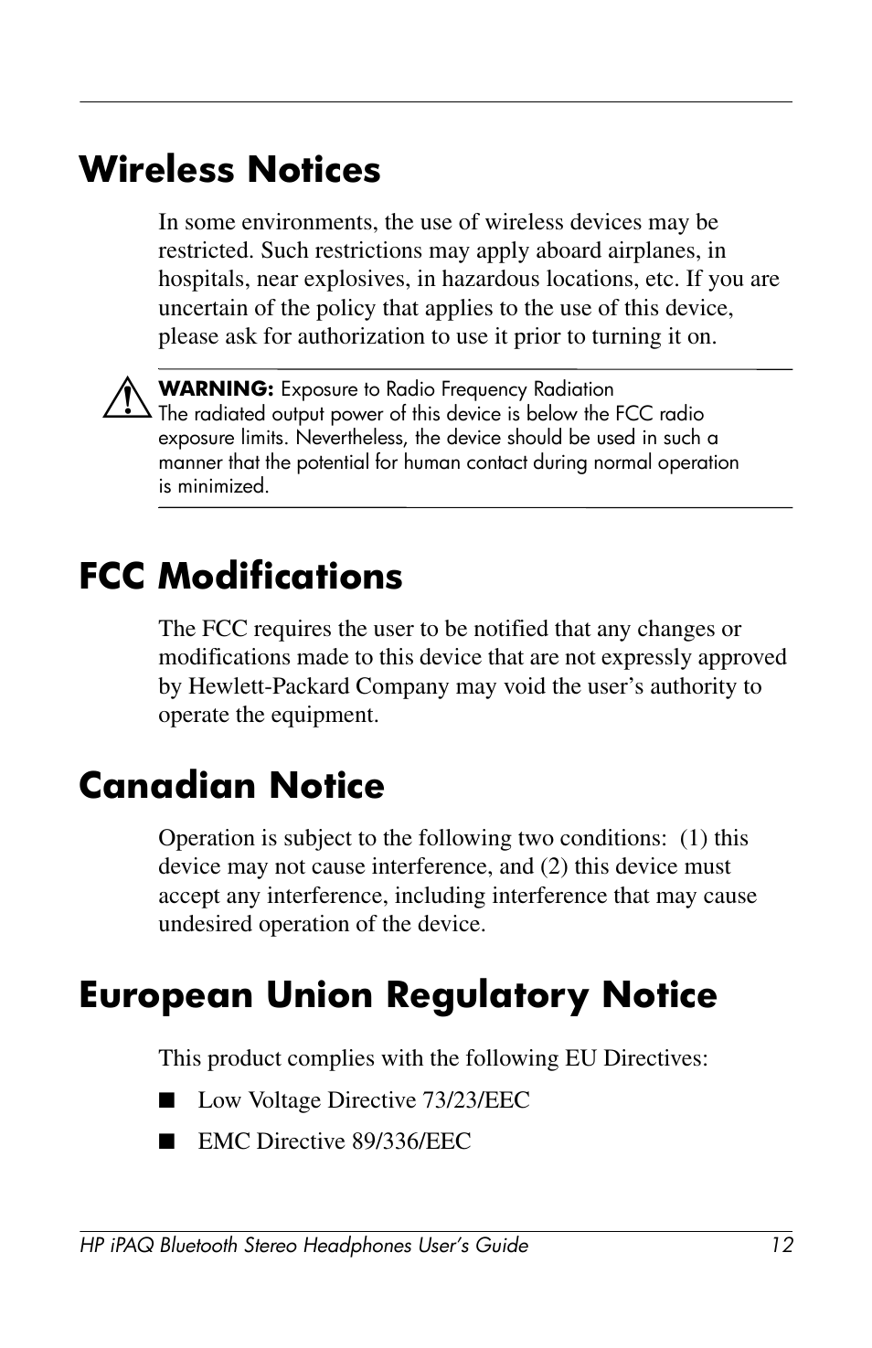 Wireless notices, Canadian notice, European union regulatory notice | Fcc modifications | HP Bluetooth Stereo Headphones User Manual | Page 12 / 16