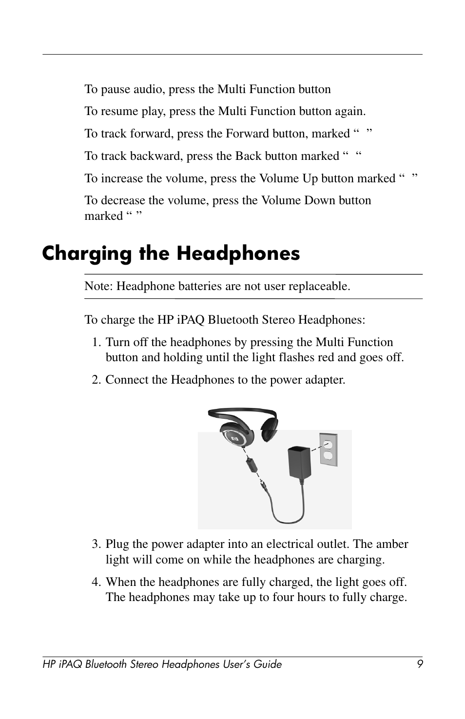 Charging the headphones | HP Bluetooth Stereo Headphones User Manual | Page 9 / 16