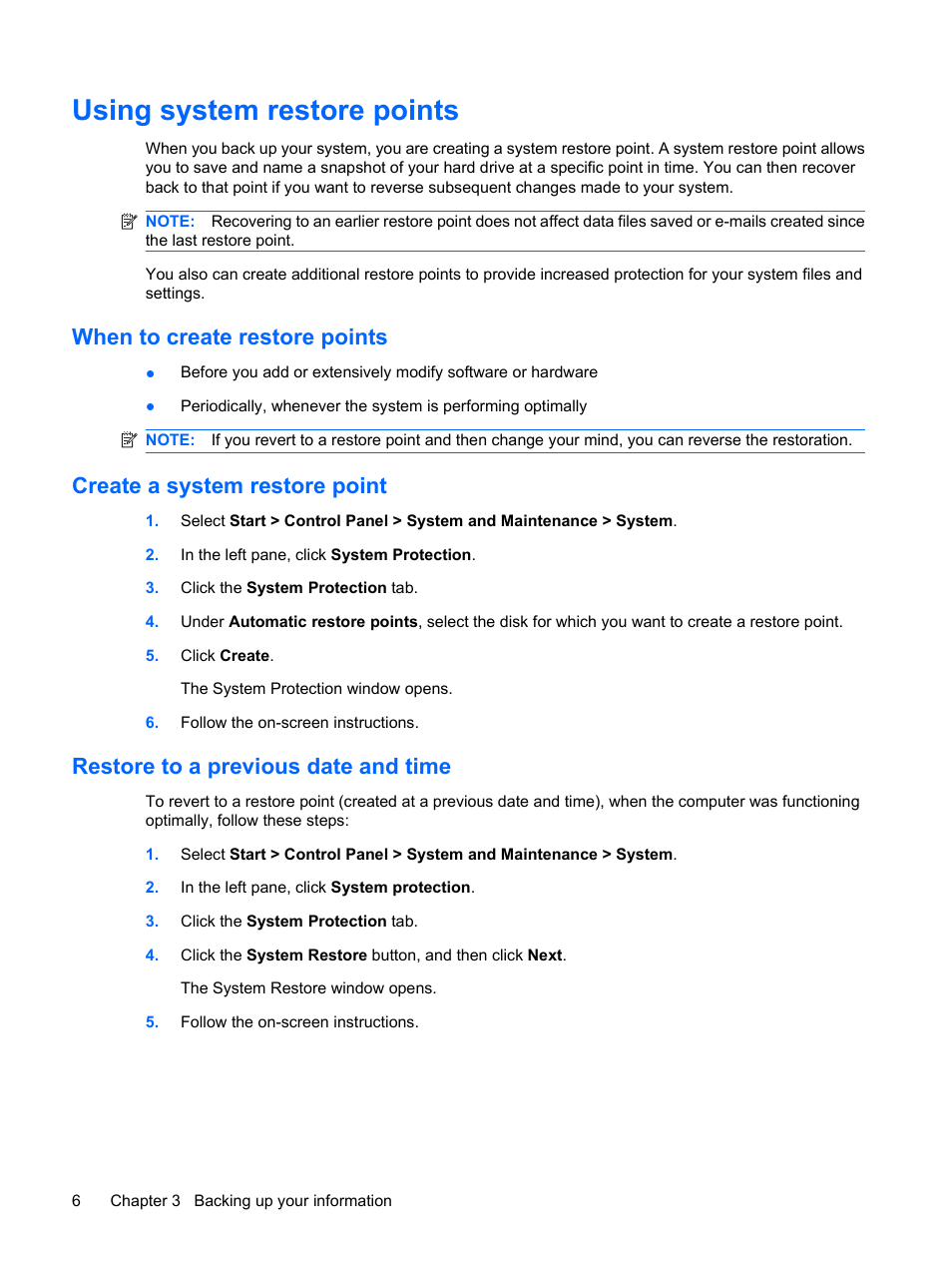 Using system restore points, When to create restore points, Create a system restore point | Restore to a previous date and time | HP CQ45-323TX User Manual | Page 10 / 14