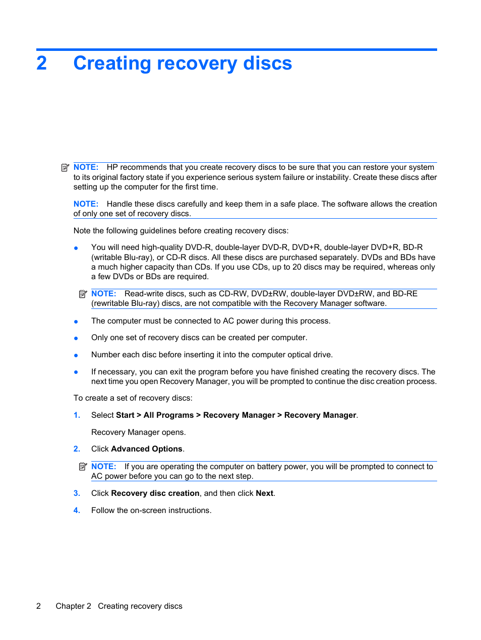 Creating recovery discs, 2 creating recovery discs, 2creating recovery discs | HP CQ45-323TX User Manual | Page 6 / 14