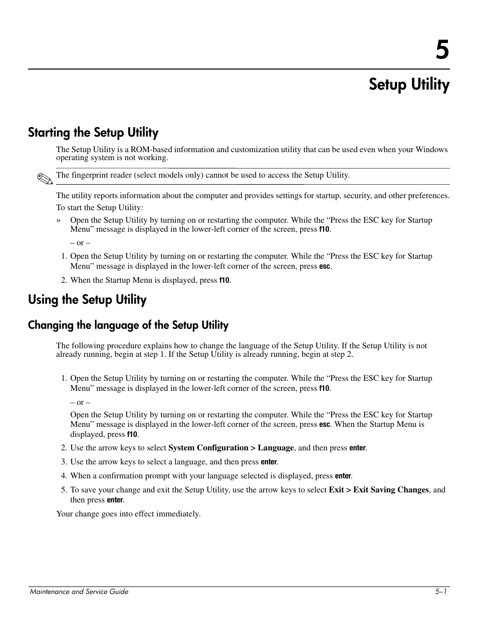Setup utility, Starting the setup utility, Using the setup utility | Changing the language of the setup utility, 5 setup utility, Changing the language of the setup utility –1 | HP 512424-001 User Manual | Page 102 / 154