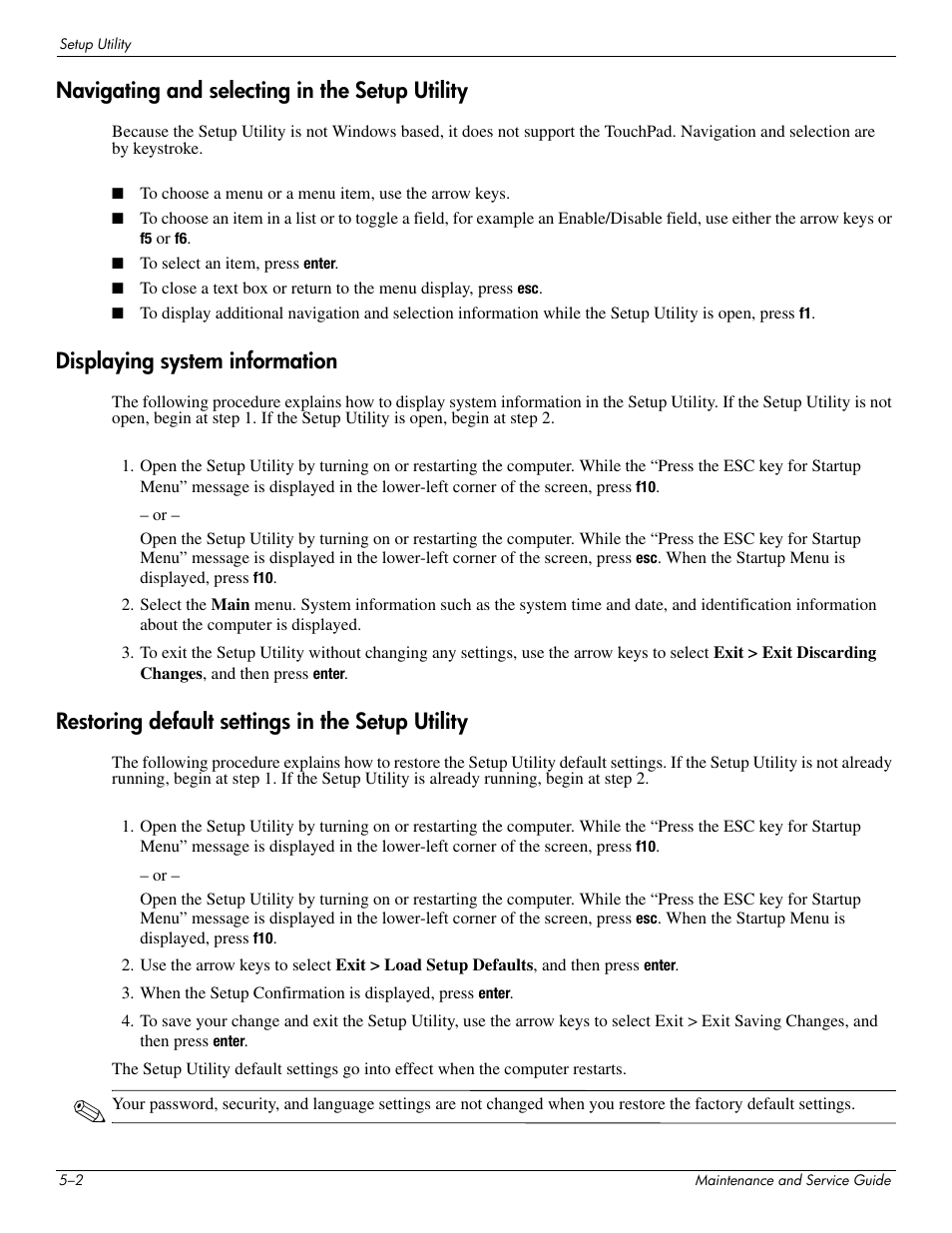 Navigating and selecting in the setup utility, Displaying system information, Restoring default settings in the setup utility | HP 512424-001 User Manual | Page 103 / 154