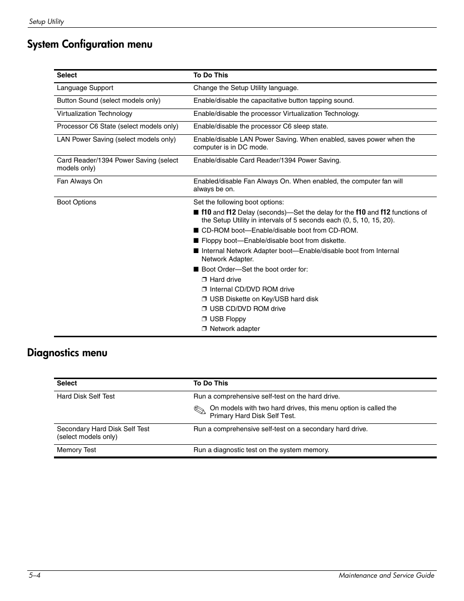 System configuration menu, Diagnostics menu, System configuration menu –4 diagnostics menu –4 | System configuration menu diagnostics menu | HP 512424-001 User Manual | Page 105 / 154