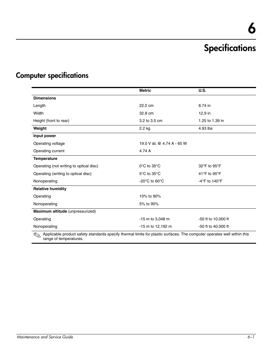 Specifications, Computer specifications, 6 specifications | Computer specifications –1 | HP 512424-001 User Manual | Page 106 / 154