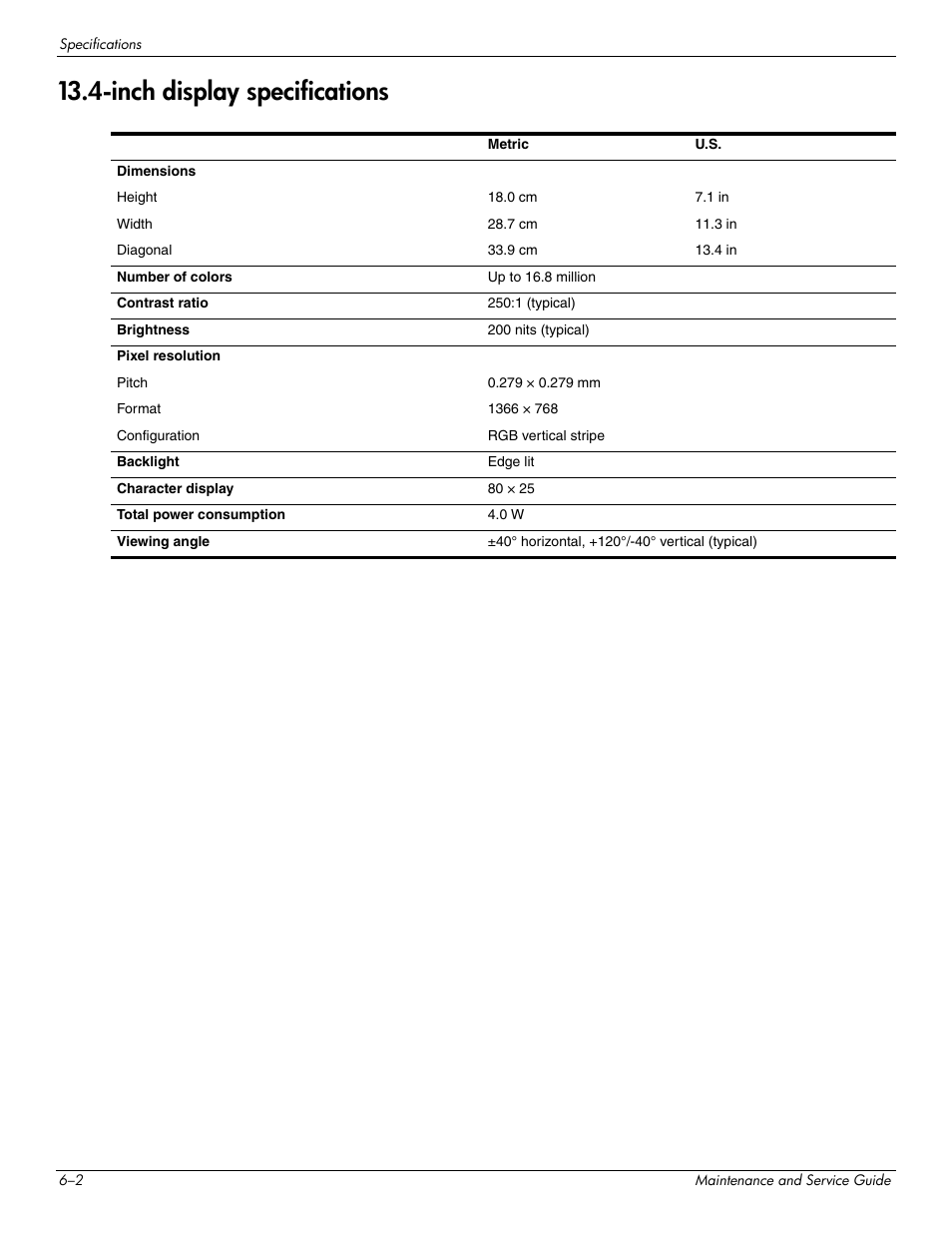 Inch display specifications, Inch display specifications –2 | HP 512424-001 User Manual | Page 107 / 154