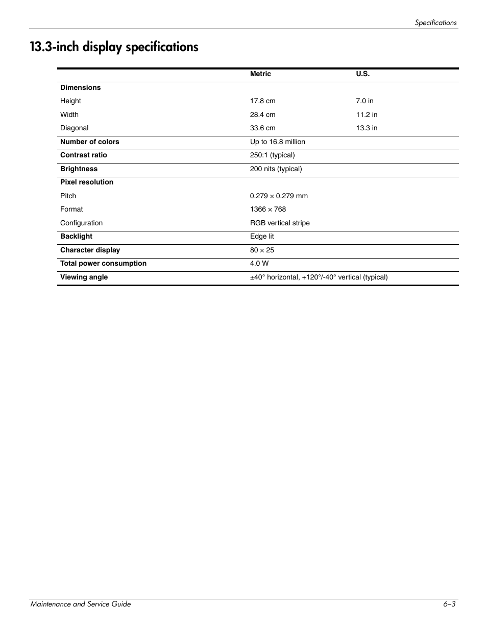 Inch display specifications, Inch display specifications –3 | HP 512424-001 User Manual | Page 108 / 154