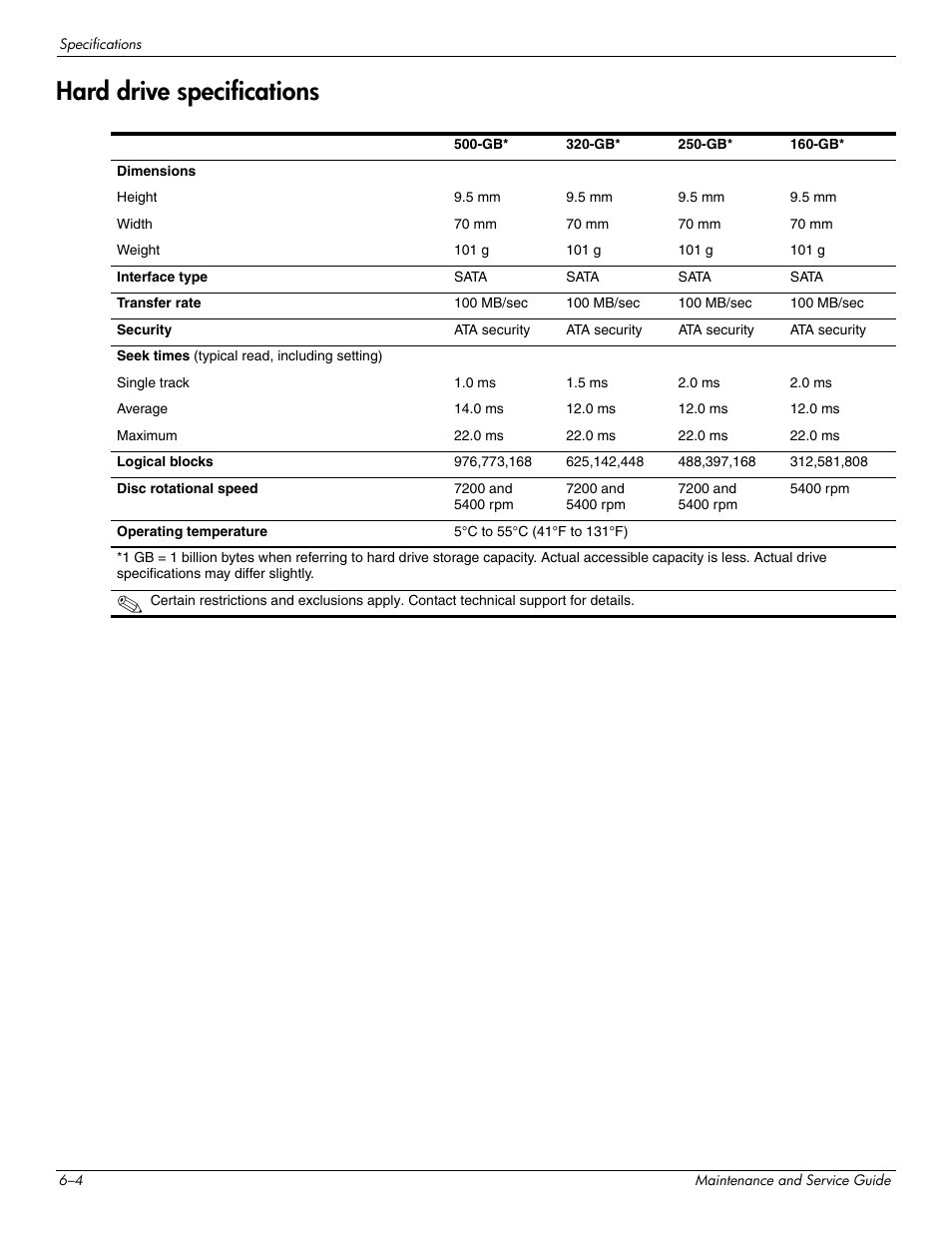 Hard drive specifications, Hard drive specifications –4 | HP 512424-001 User Manual | Page 109 / 154