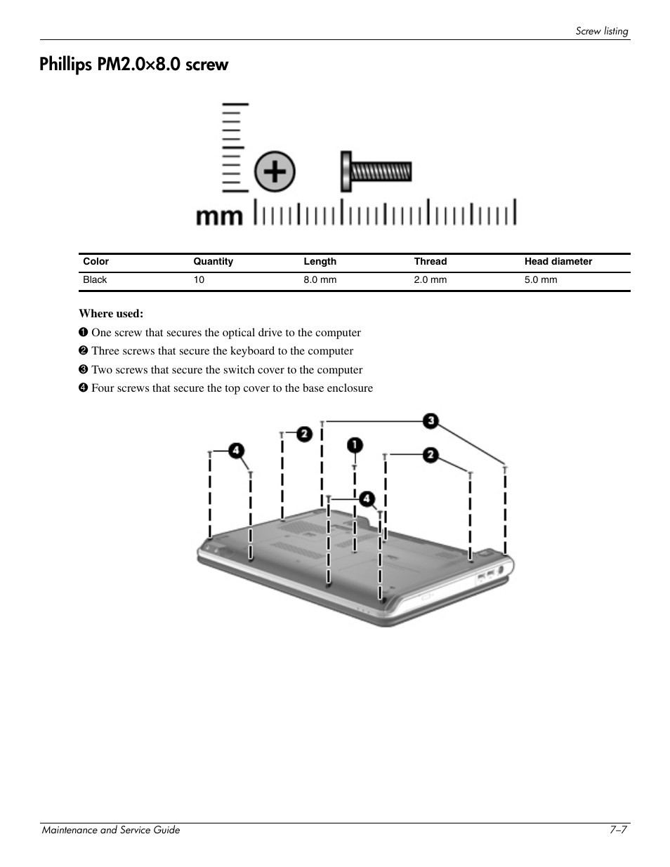 Phillips pm2.0°8.0 screw, Phillips pm2.0×8.0 screw –7, Phillips pm2.0×8.0 screw | HP 512424-001 User Manual | Page 122 / 154