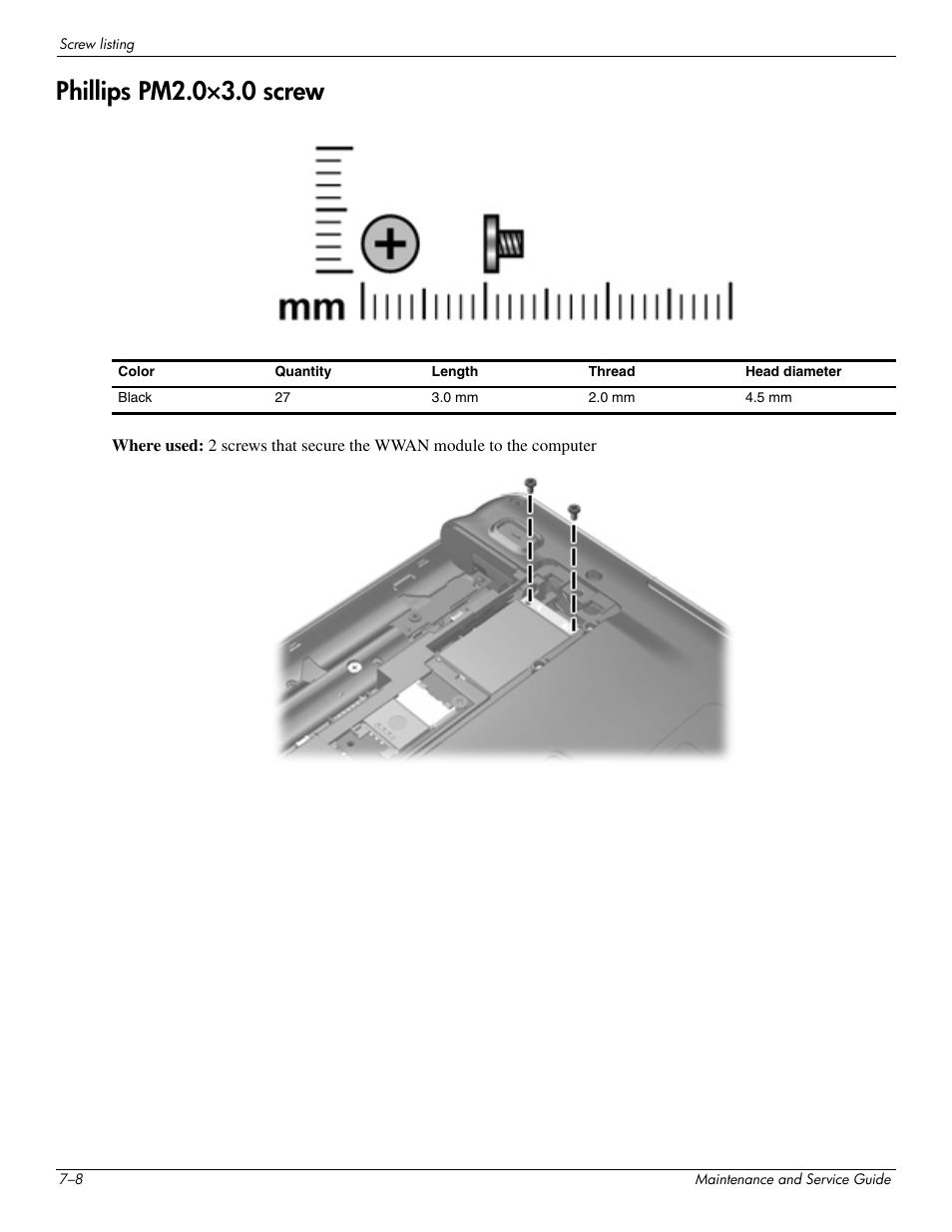 Phillips pm2.0°3.0 screw, Phillips pm2.0×3.0 screw –8, Phillips pm2.0×3.0 screw | HP 512424-001 User Manual | Page 123 / 154