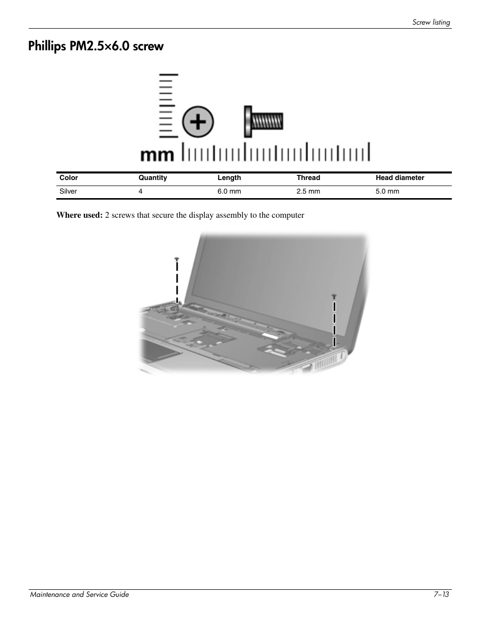 Phillips pm2.5°6.0 screw, Phillips pm2.5×6.0 screw –13, Phillips pm2.5×6.0 screw | HP 512424-001 User Manual | Page 128 / 154