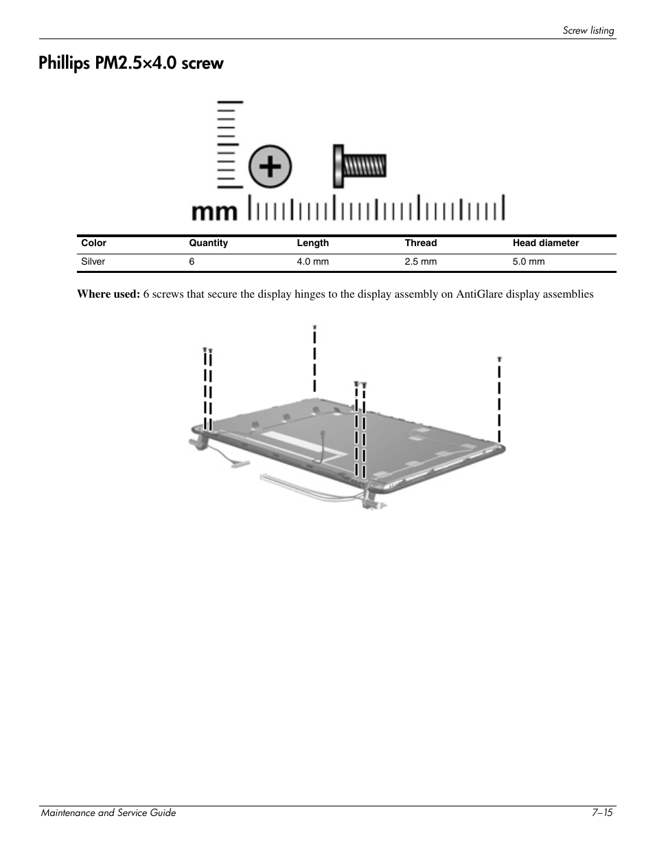 Phillips pm2.5°4.0 screw, Phillips pm2.5×4.0 screw –15, Phillips pm2.5×4.0 screw | HP 512424-001 User Manual | Page 130 / 154