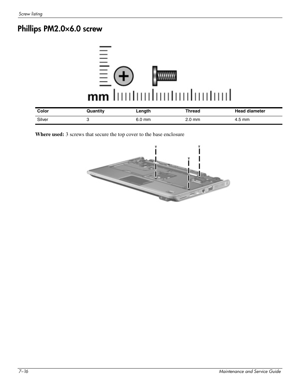 Phillips pm2.0°6.0 screw, Phillips pm2.0×6.0 screw –16, Phillips pm2.0×6.0 screw | HP 512424-001 User Manual | Page 131 / 154