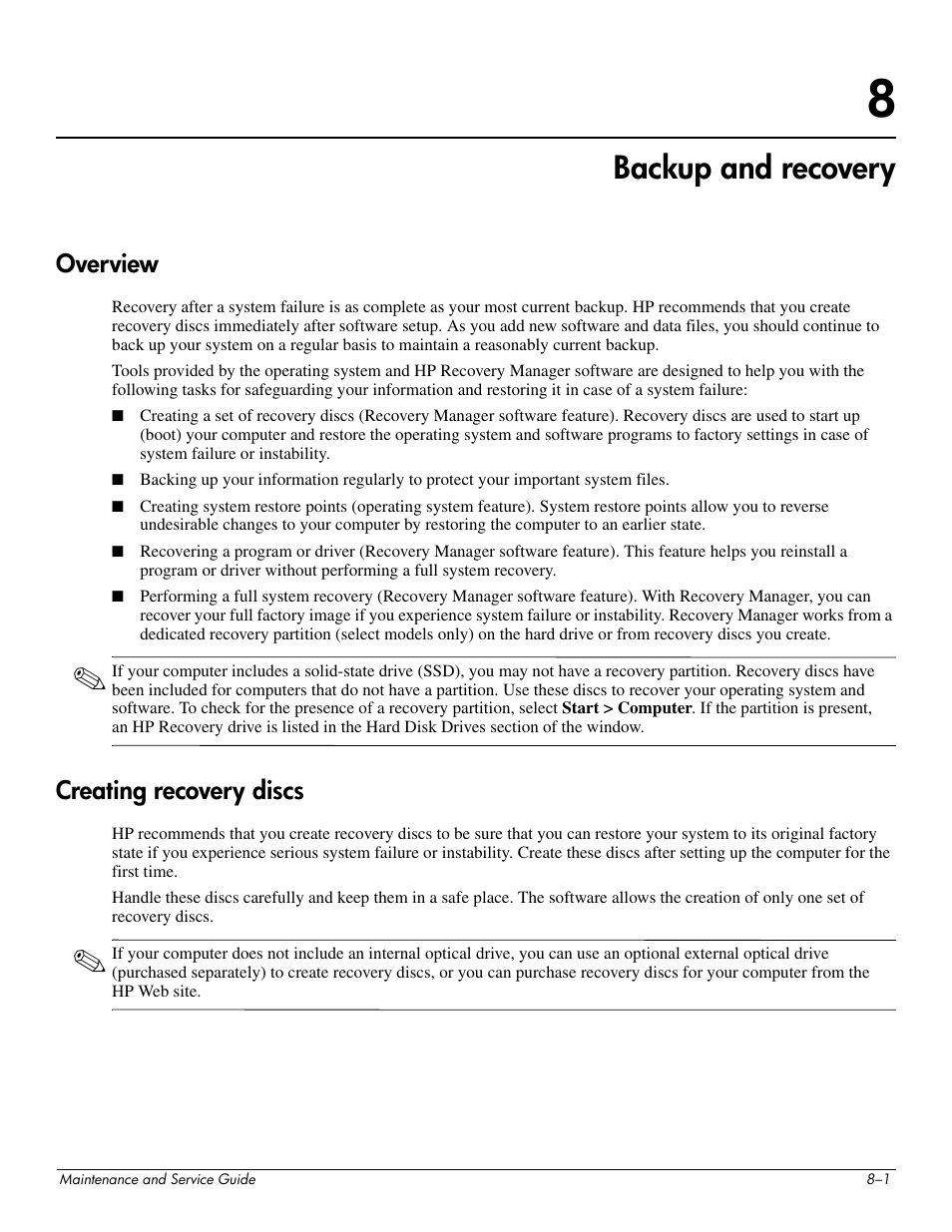 Backup and recovery, Overview, Creating recovery discs | 8 backup and recovery, Overview –1 creating recovery discs –1 | HP 512424-001 User Manual | Page 134 / 154