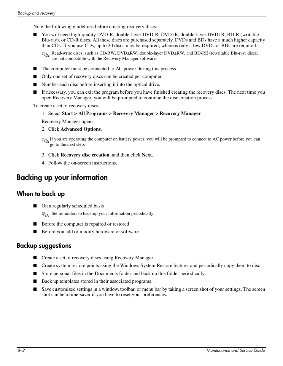 Backing up your information, When to back up, Backup suggestions | Backing up your information –2, When to back up –2 backup suggestions –2 | HP 512424-001 User Manual | Page 135 / 154