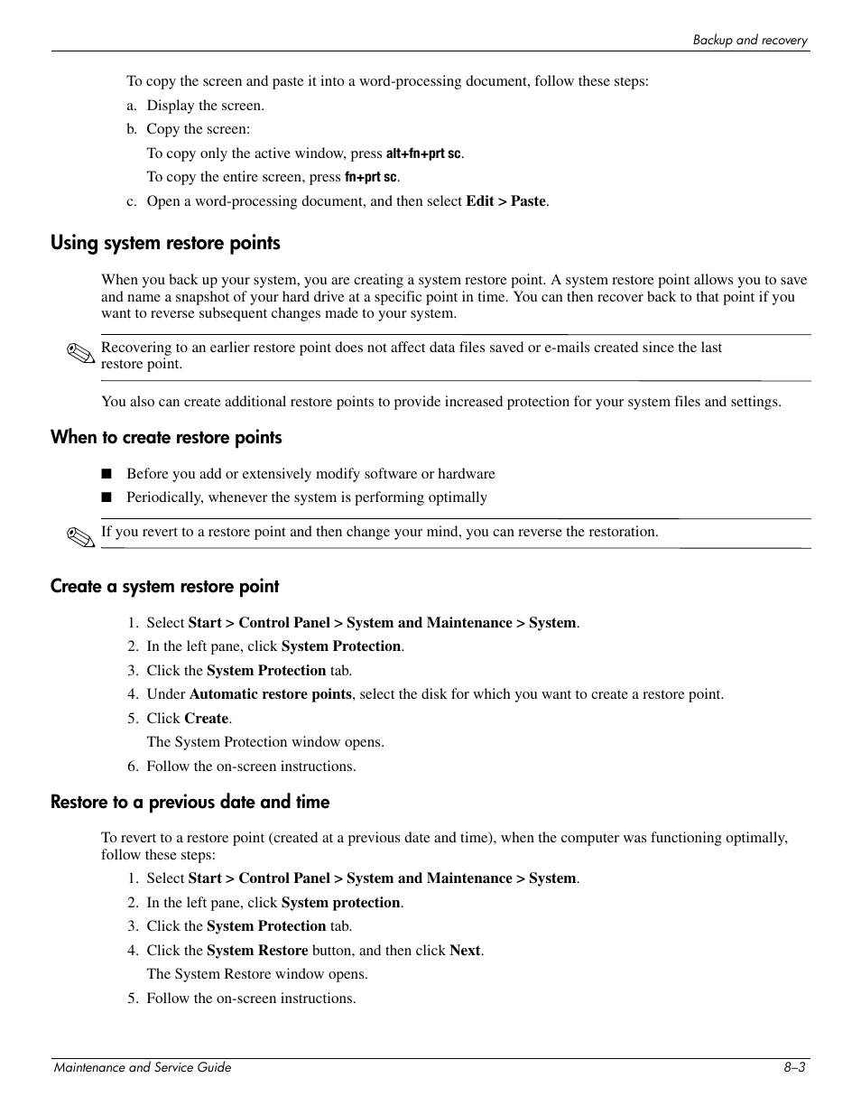 Using system restore points, When to create restore points, Create a system restore point | Restore to a previous date and time, Using system restore points –3 | HP 512424-001 User Manual | Page 136 / 154