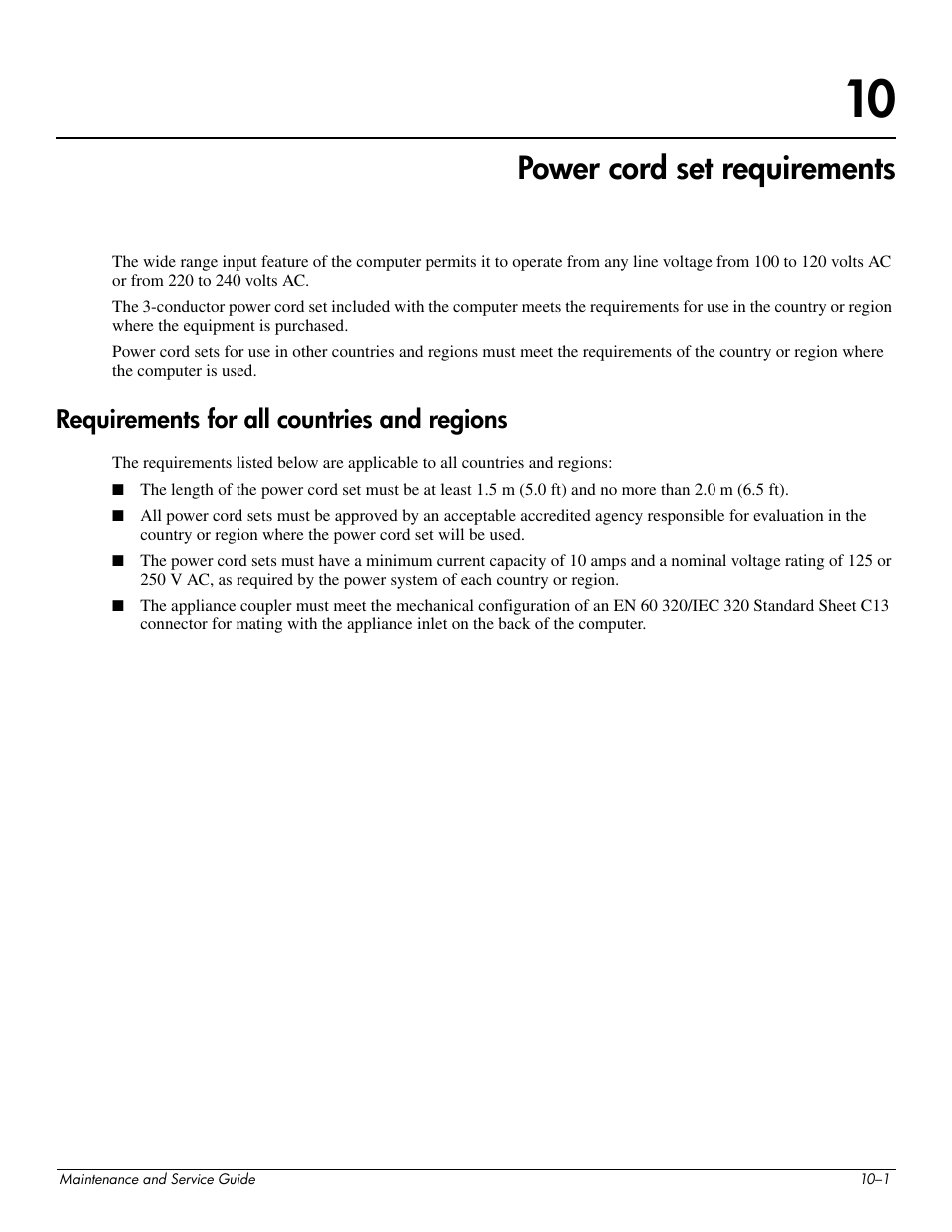 Power cord set requirements, Requirements for all countries and regions, 10power cord set requirements | Requirements for all countries and regions –1 | HP 512424-001 User Manual | Page 142 / 154