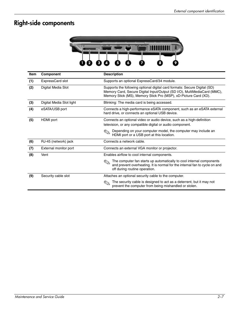 Right-side components, Right-side components –7 | HP 512424-001 User Manual | Page 19 / 154