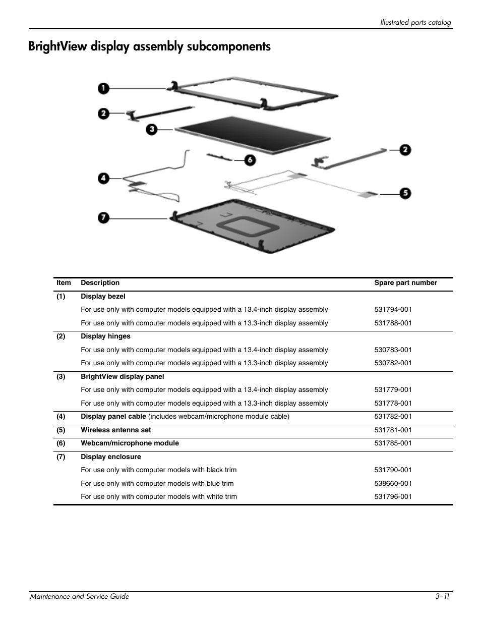 Brightview display assembly subcomponents, Brightview display assembly subcomponents –11 | HP 512424-001 User Manual | Page 32 / 154