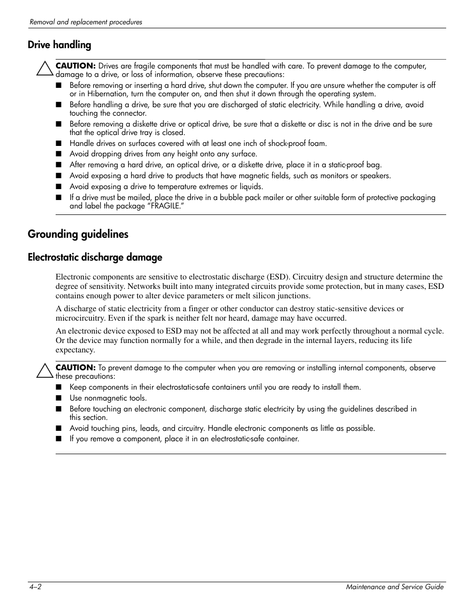 Drive handling, Grounding guidelines, Electrostatic discharge damage | Grounding guidelines –2 | HP 512424-001 User Manual | Page 47 / 154