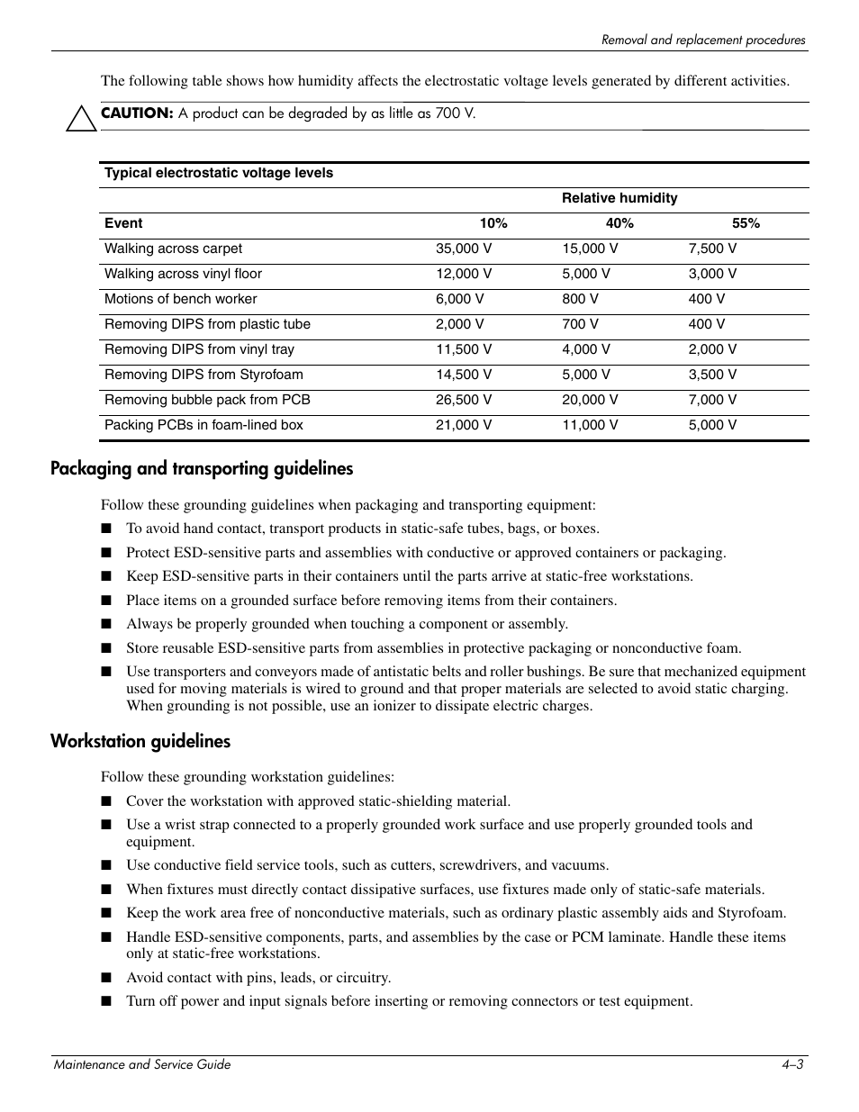 Packaging and transporting guidelines, Workstation guidelines | HP 512424-001 User Manual | Page 48 / 154