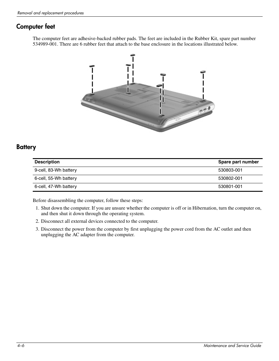 Computer feet, Battery, Computer feet –6 battery –6 | HP 512424-001 User Manual | Page 51 / 154