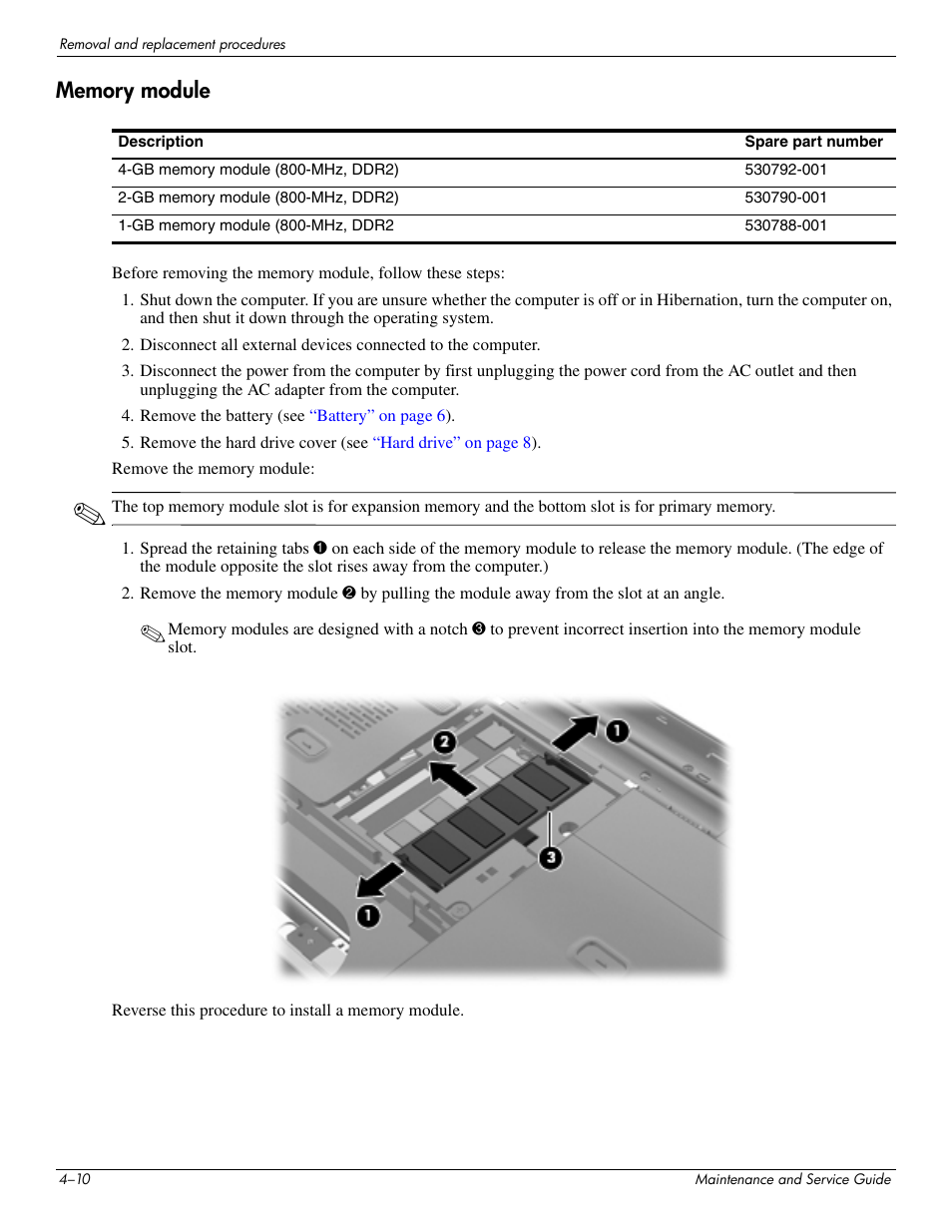 Memory module, Memory module –10 | HP 512424-001 User Manual | Page 55 / 154