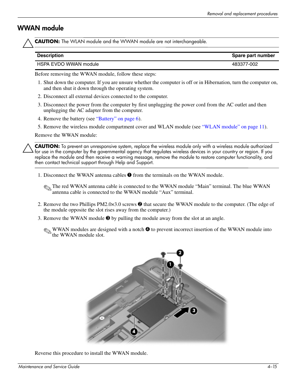 Wwan module, Wwan module –15 | HP 512424-001 User Manual | Page 60 / 154