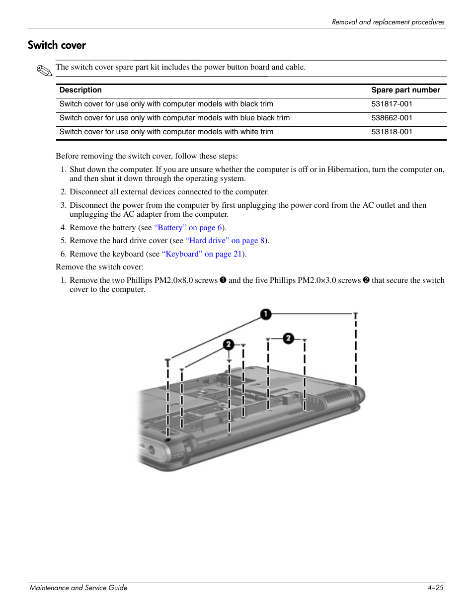 Switch cover, Switch cover –25 | HP 512424-001 User Manual | Page 70 / 154