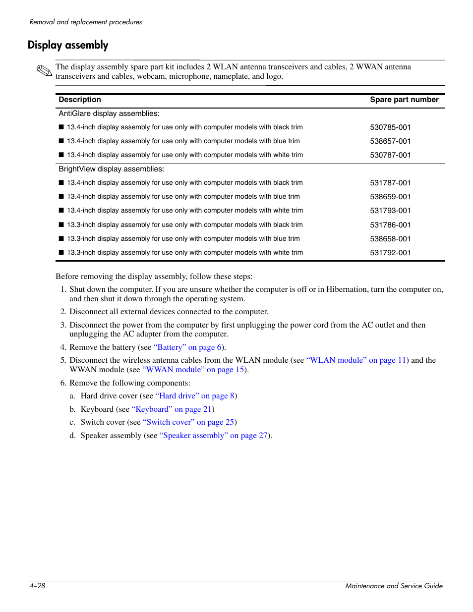 Display assembly, Display assembly –28 | HP 512424-001 User Manual | Page 73 / 154