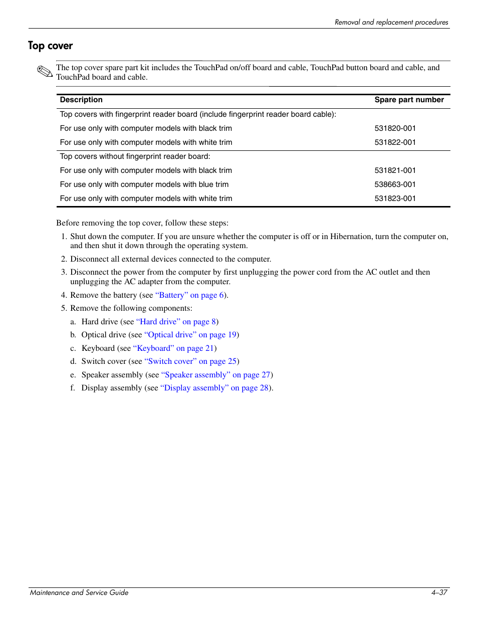 Top cover, Top cover –37 | HP 512424-001 User Manual | Page 82 / 154