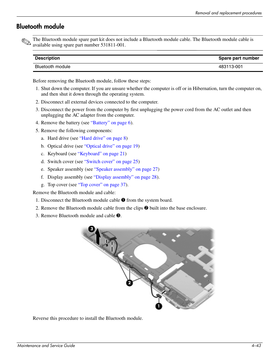 Bluetooth module, Bluetooth module –43 | HP 512424-001 User Manual | Page 88 / 154