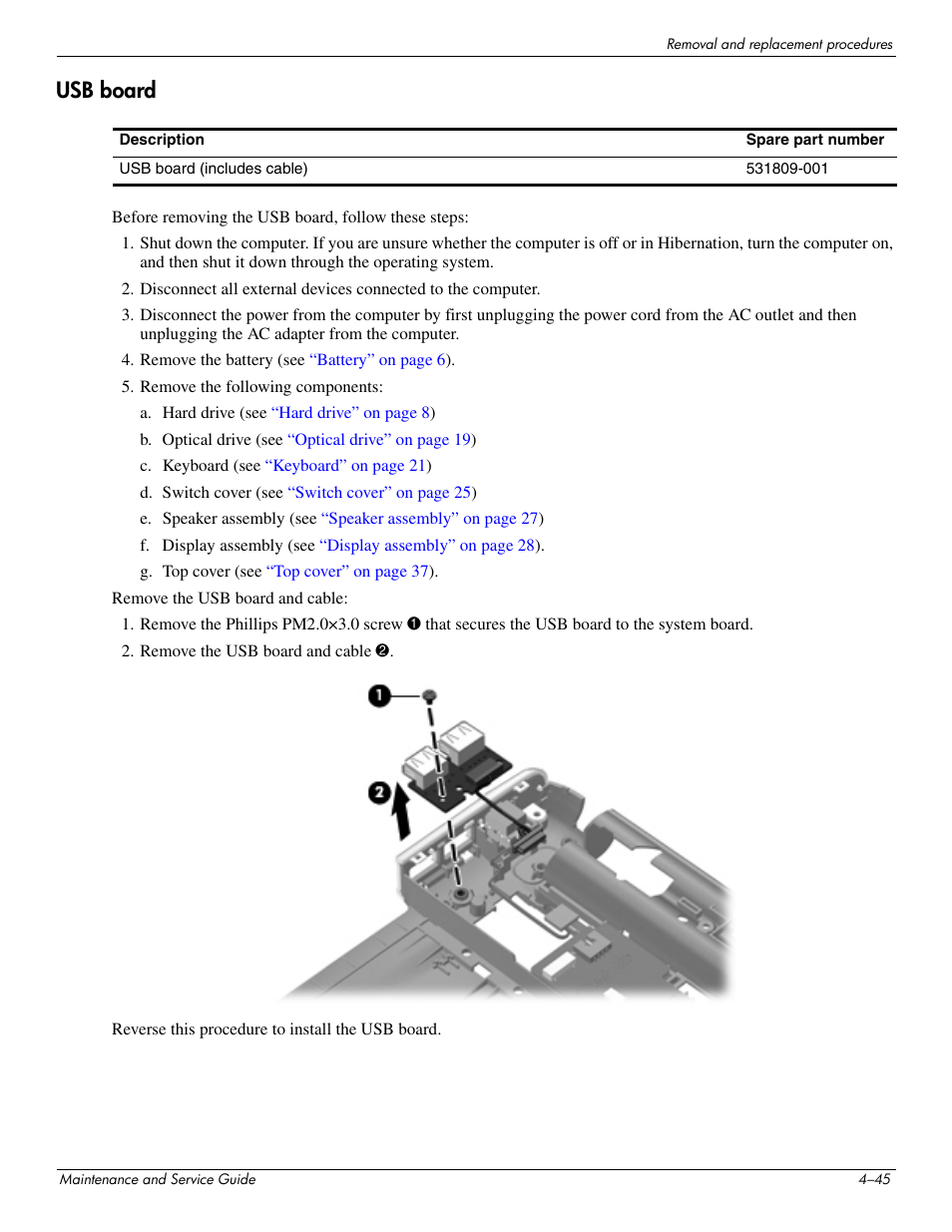 Usb board, Usb board –45 | HP 512424-001 User Manual | Page 90 / 154