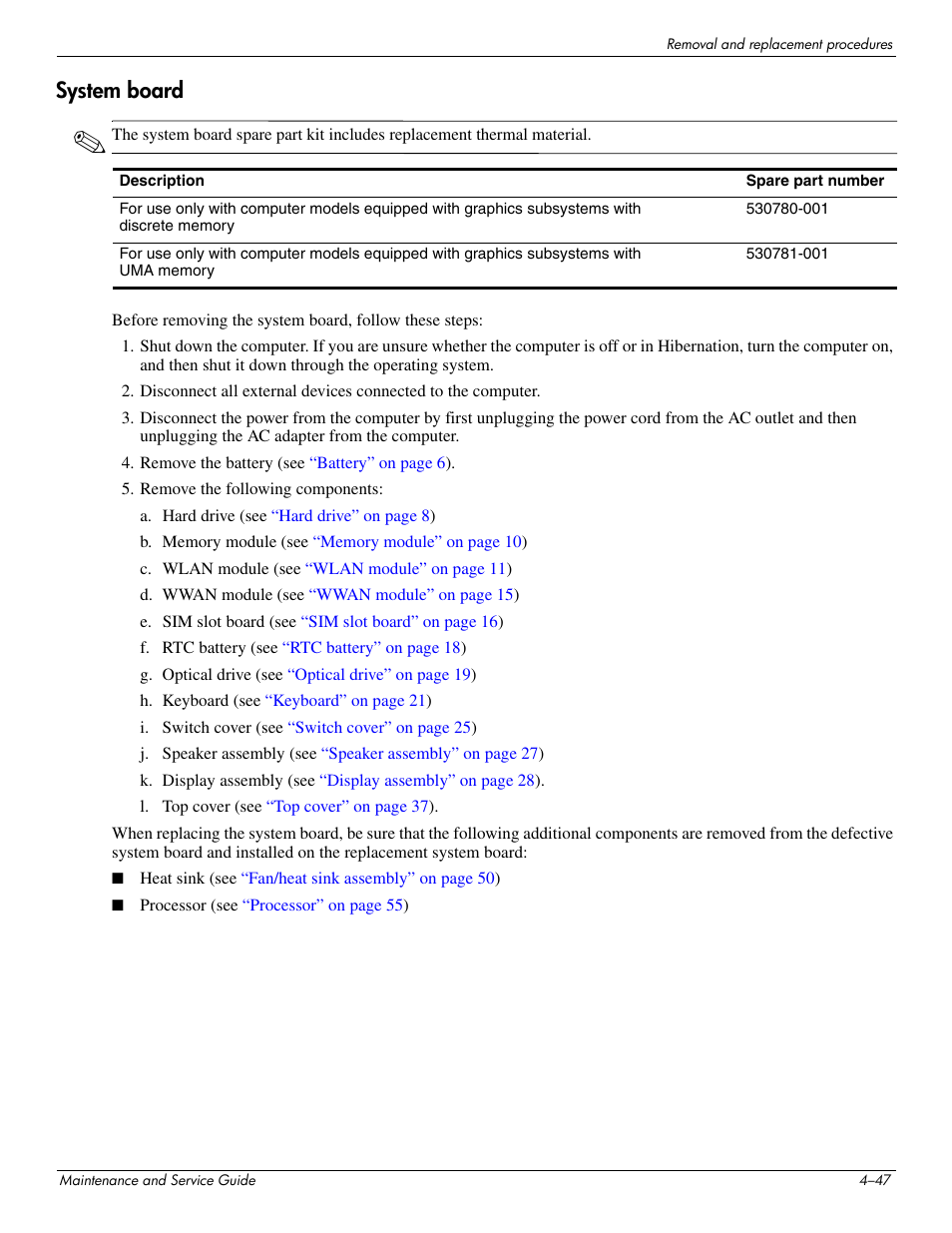 System board, System board –47 | HP 512424-001 User Manual | Page 92 / 154