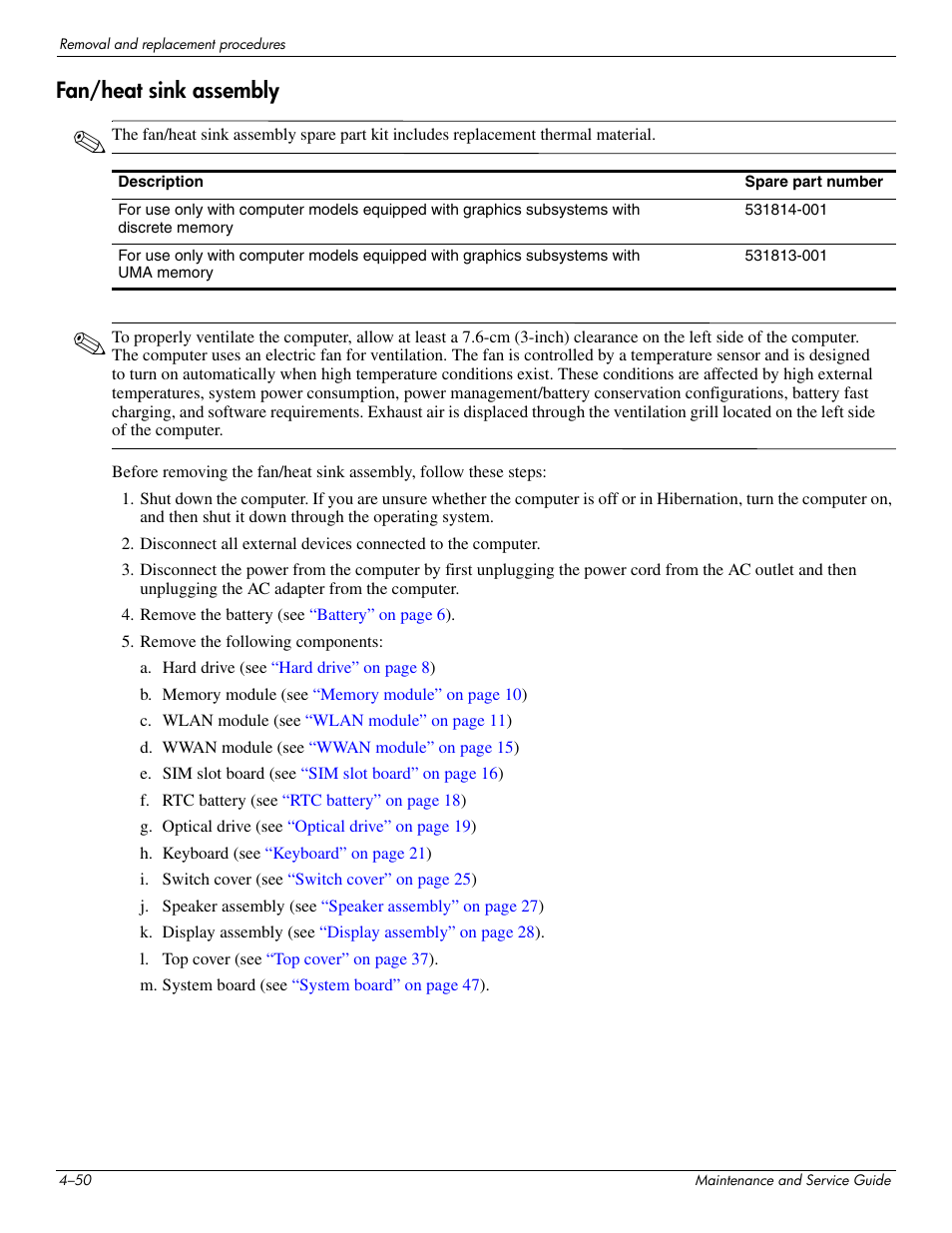 Fan/heat sink assembly, Fan/heat sink assembly –50 | HP 512424-001 User Manual | Page 95 / 154