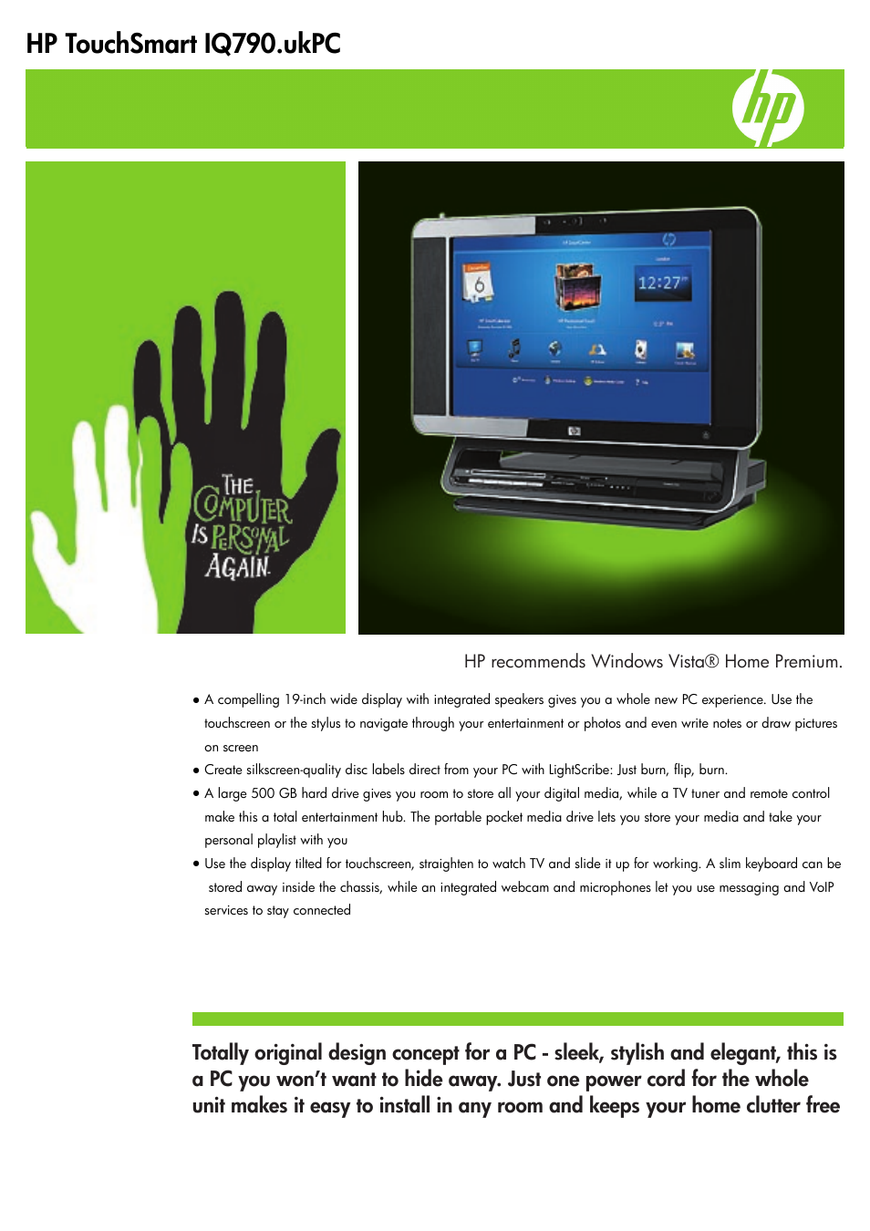 HP TouchSmart IQ790 User Manual | 2 pages