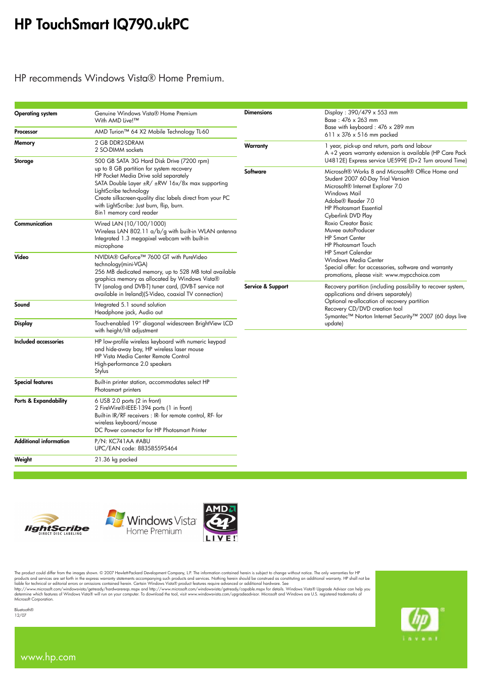Hp touchsmart iq790.ukpc, Hp recommends windows vista® home premium | HP TouchSmart IQ790 User Manual | Page 2 / 2