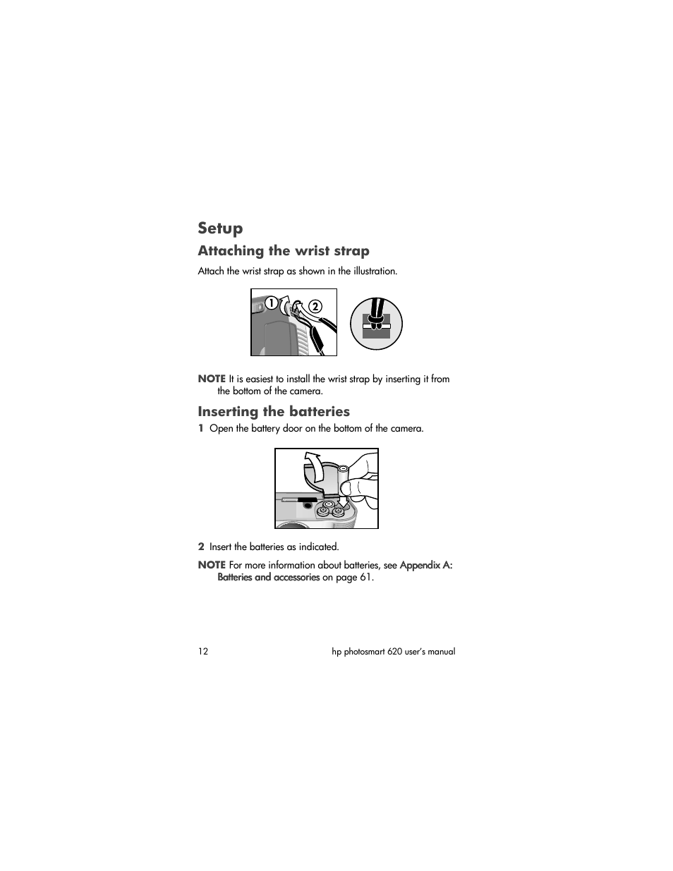 Setup, Attaching the wrist strap, Inserting the batteries | HP Photosmart 620 Series User Manual | Page 14 / 80