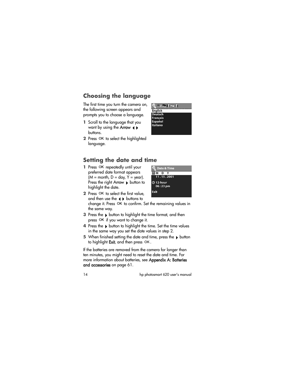 Choosing the language, Setting the date and time | HP Photosmart 620 Series User Manual | Page 16 / 80